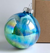 Hand Painted Glass Christmas Bauble - Acrylic Pour Design - Royal Blue, Light Blue, Green & Rose Gold