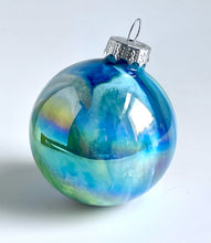 Hand Painted Glass Christmas Bauble - Acrylic Pour Design - Royal Blue, Light Blue, Green & Rose Gold
