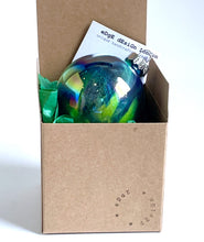 Hand Painted Glass Christmas Bauble - Acrylic Pour Design - Dark Blue, Light Blue, Green & Rose Gold