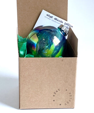 Hand Painted Glass Christmas Bauble - Acrylic Pour Design - Dark Blue, Light Blue, Green & Rose Gold