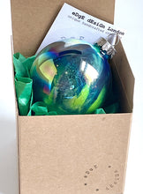 Hand Painted Glass Christmas Bauble - Acrylic Pour Design - Dark Blue, Light Blue, Green & Rose Gold