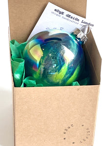 Hand Painted Glass Christmas Bauble - Acrylic Pour Design - Dark Blue, Light Blue, Green & Rose Gold