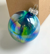 Hand Painted Glass Christmas Bauble - Acrylic Pour Design - Dark Blue, Light Blue, Green & Rose Gold