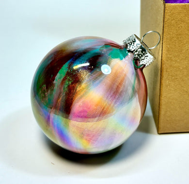 Hand Painted Glass Christmas Bauble - Acrylic Pour Design - Purple, Orange, Pink, Turquoise, Yellow, Green & Silver