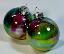 Hand Painted Glass Christmas Bauble - Acrylic Pour Design - Dark Blue, Cerise, Teal, Green, Silver