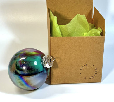 Hand Painted Glass Christmas Bauble - Acrylic Pour Design - Dark Blue, Cerise, Teal, Green, Silver