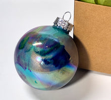 Hand Painted Glass Christmas Bauble - Acrylic Pour Design - Dark Blue, Cerise, Teal, Green, Silver