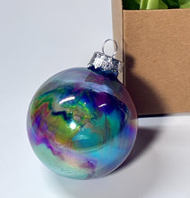 Hand Painted Glass Christmas Bauble - Acrylic Pour Design - Dark Blue, Cerise, Teal, Green, Silver 2
