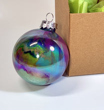 Hand Painted Glass Christmas Bauble - Acrylic Pour Design - Dark Blue, Cerise, Teal, Green, Silver 2