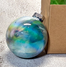 Hand Painted Glass Christmas Bauble - Acrylic Pour Design - Green, Blue, Purple, Teal, Yellow, Turquoise and  Silver