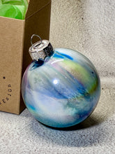 Hand Painted Glass Christmas Bauble - Acrylic Pour Design - Green, Blue, Purple, Teal, Yellow, Turquoise and  Silver