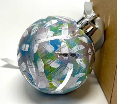 Hand Painted Christmas Bauble - Teal, Green, White, Silver, Grey and Silver Leaf