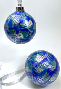 Set of 2 Hand Painted Christmas Baubles - Blue, Turquoise, Teal and Silver