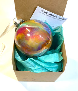 Hand Painted Glass Christmas Bauble - Acrylic Pour in Purple, Orange, Turquoise, Yellow Orche and Silver