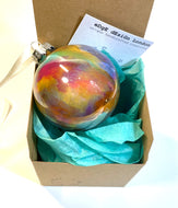 Hand Painted Glass Christmas Bauble - Acrylic Pour in Purple, Orange, Turquoise, Yellow Orche and Silver