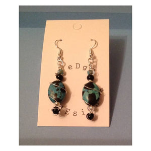Silver plated drop earrings - Wire wrap turquoise and black beads - eDgE dEsiGn London