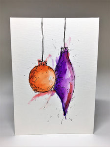 Original Hand Painted Christmas Card - Bauble Collection - Abstract Orange/Purple - eDgE dEsiGn London