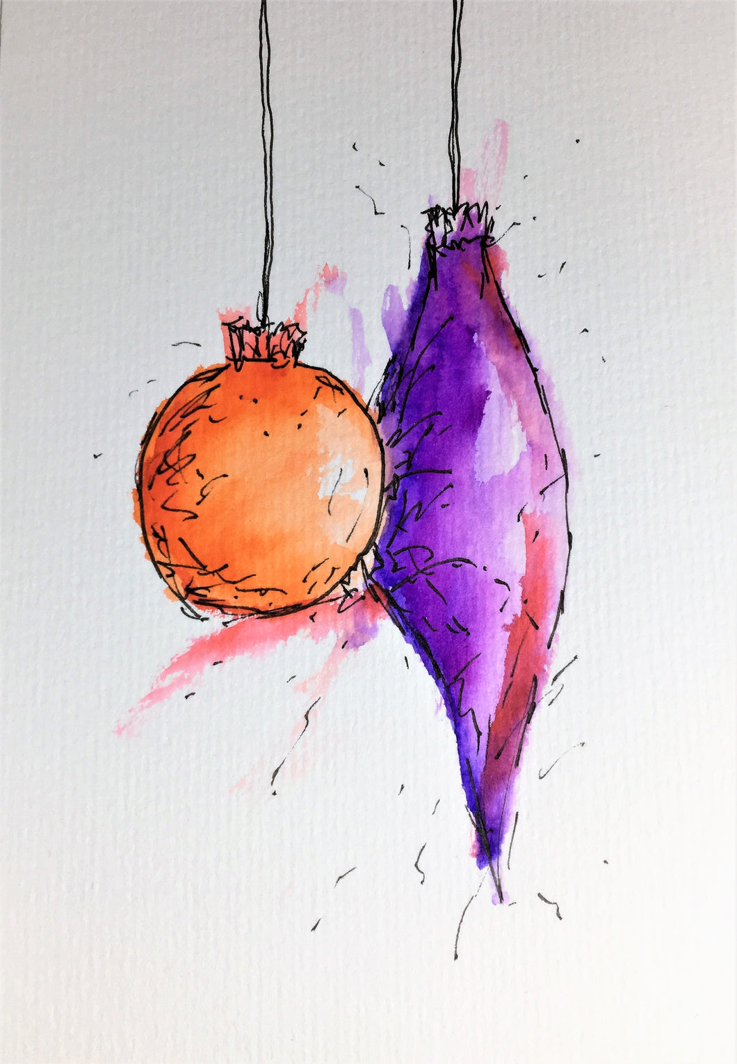 Original Hand Painted Christmas Card - Bauble Collection - Abstract Orange/Purple - eDgE dEsiGn London