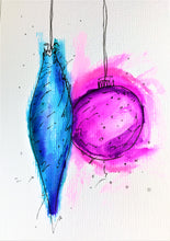 Original Hand Painted Christmas Card - Bauble Collection - Abstract Blue/Pink - eDgE dEsiGn London