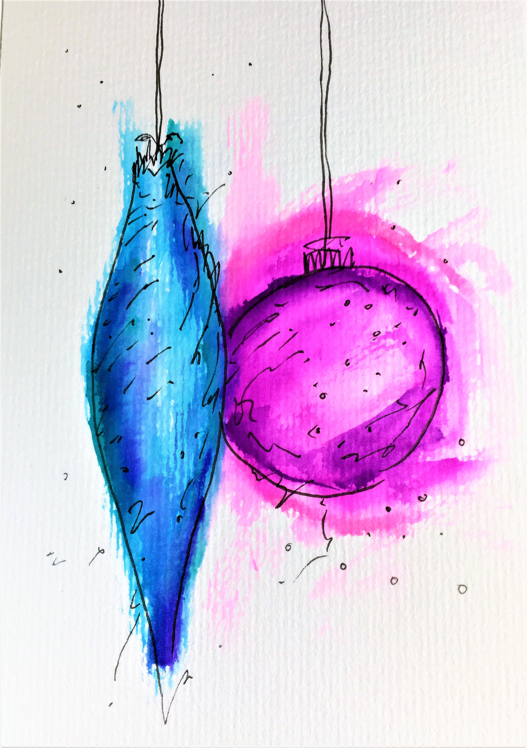 Original Hand Painted Christmas Card - Bauble Collection - Abstract Blue/Pink - eDgE dEsiGn London