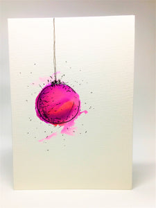 Original Hand Painted Christmas Card - Bauble Collection - Abstract Pink/Orange - eDgE dEsiGn London