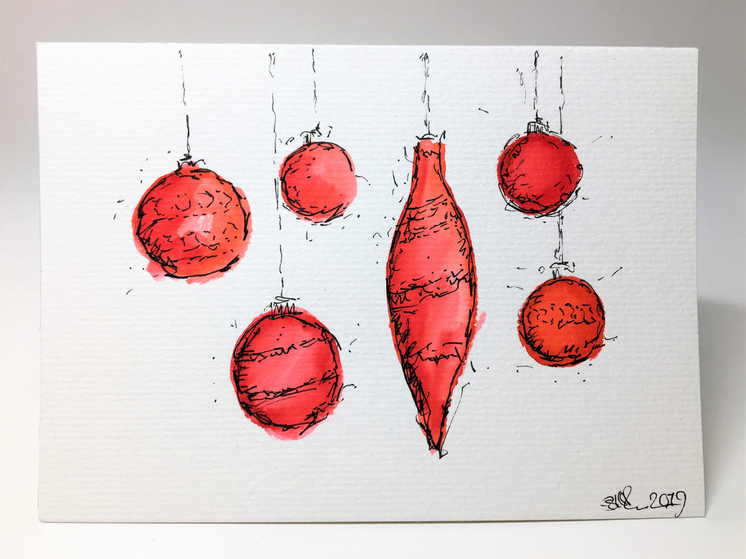 Original Hand Painted Christmas Card - Bauble Collection - Abstract Red - eDgE dEsiGn London