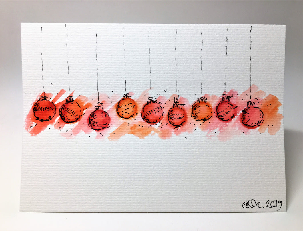 Original Hand Painted Christmas Card - Bauble Collection - Abstract Red/Orange - eDgE dEsiGn London