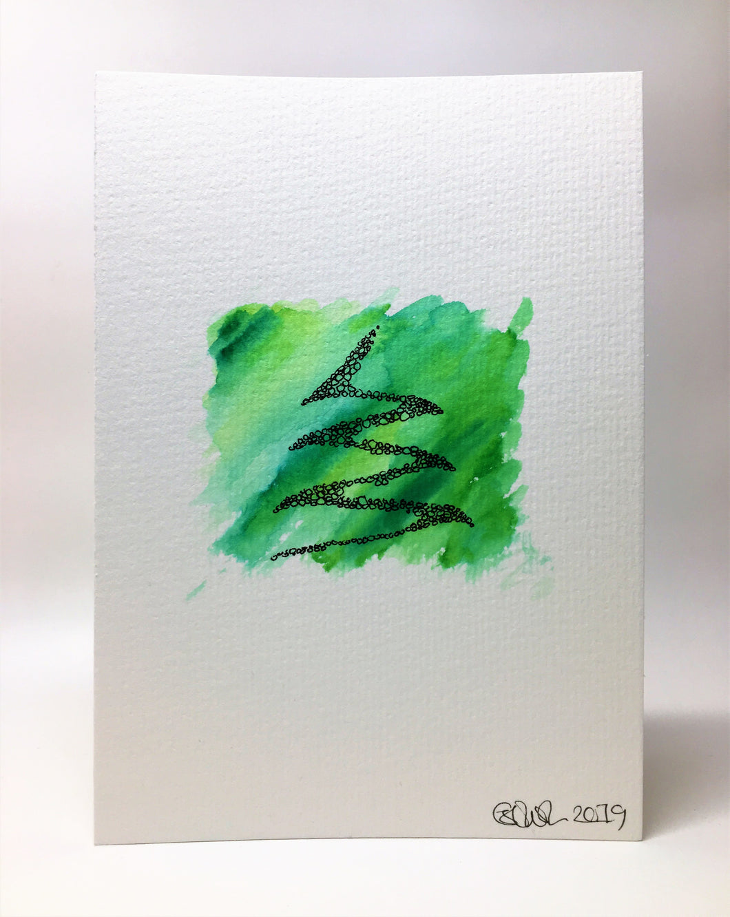 Original Hand Painted Christmas Card - Green Abstract Circle Tree Design - eDgE dEsiGn London