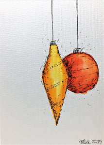 Original Hand Painted Christmas Card - Bauble Collection - Abstract Yellow/Red/Orange - eDgE dEsiGn London