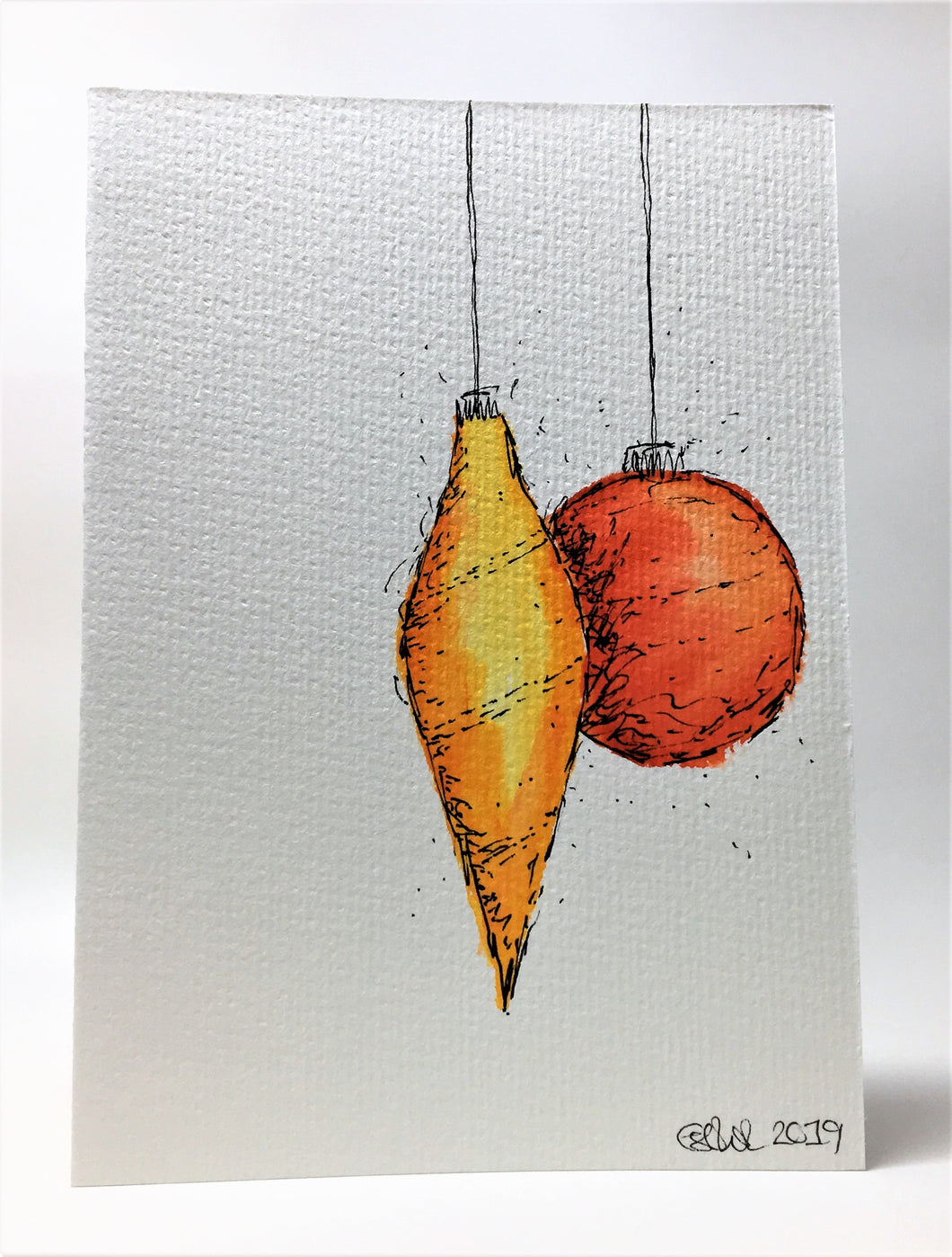 Original Hand Painted Christmas Card - Bauble Collection - Abstract Yellow/Red/Orange - eDgE dEsiGn London