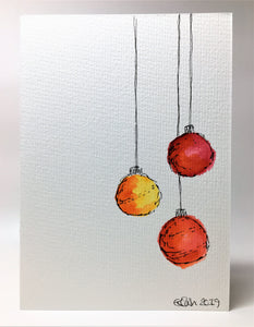 Original Hand Painted Christmas Card - Bauble Collection - Abstract Red/Orange/Yellow - eDgE dEsiGn London