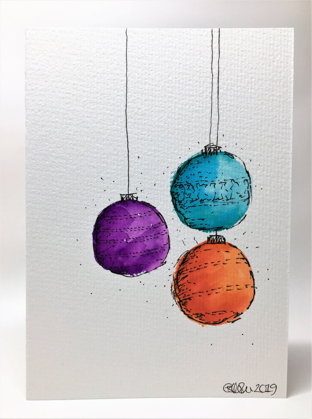 Original Hand Painted Christmas Card - Bauble Collection - Abstract Purple/Orange/Jade - eDgE dEsiGn London