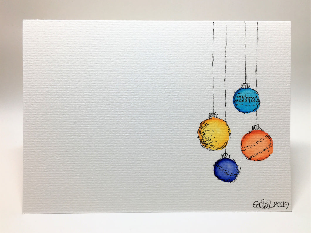 Original Hand Painted Christmas Card - Bauble Collection - Orange, Yellow and Blue - eDgE dEsiGn London