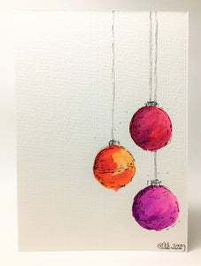 Original Hand Painted Christmas Card - Bauble Collection - Orange, Red, Pink and Purple - eDgE dEsiGn London