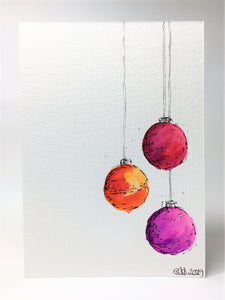 Original Hand Painted Christmas Card - Bauble Collection - Orange, Red, Pink and Purple - eDgE dEsiGn London
