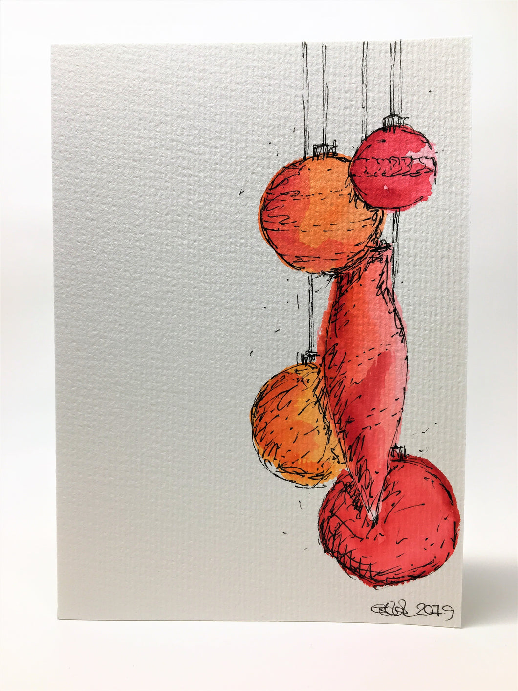 Original Hand Painted Christmas Card - Bauble Collection - Orange, Red, Pink - eDgE dEsiGn London