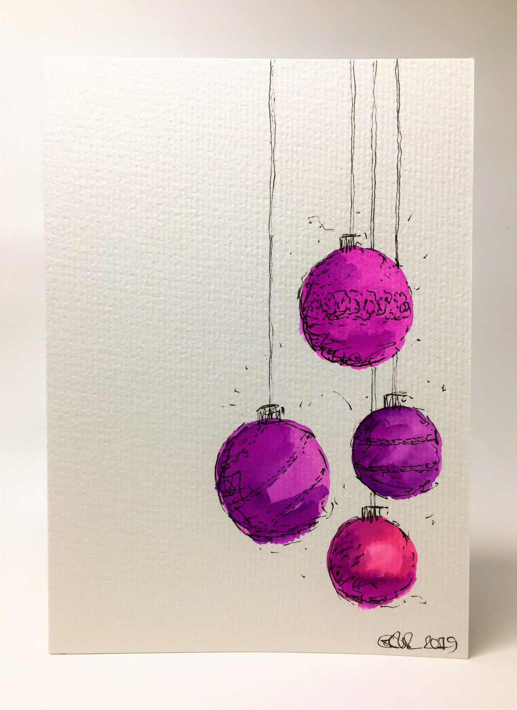 Original Hand Painted Christmas Card - Bauble Collection - Purple and Pink - eDgE dEsiGn London