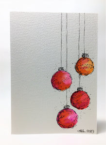 Original Hand Painted Christmas Card - Bauble Collection - Pink, Orange and Red - eDgE dEsiGn London