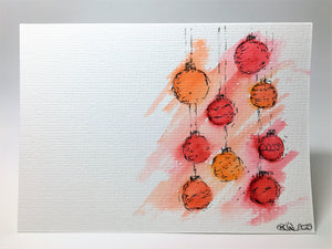 Original Hand Painted Christmas Card - Bauble Collection - Red, Orange and Pink - eDgE dEsiGn London