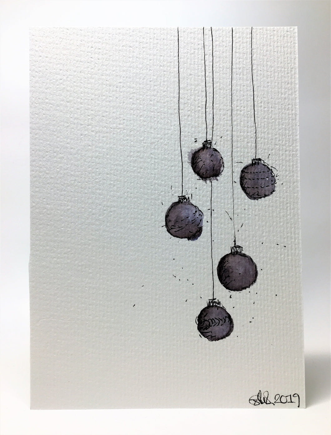Original Hand Painted Christmas Card - Bauble Collection - Black and Grey - eDgE dEsiGn London