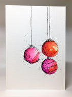 Original Hand Painted Christmas Card - Bauble Collection - Orange, Yellow and Pink - eDgE dEsiGn London