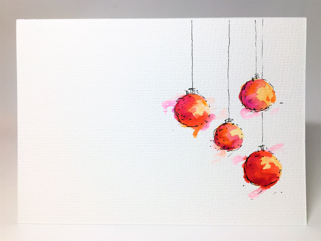 Original Hand Painted Christmas Card - Bauble Collection - Yellow, Orange and Pink - eDgE dEsiGn London