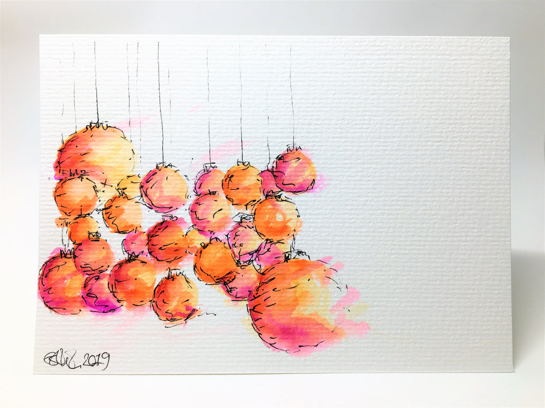 Original Hand Painted Christmas Card - Bauble Collection - Purple, Red, Orange and Pink - eDgE dEsiGn London