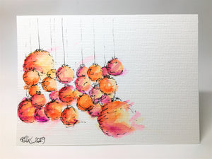 Original Hand Painted Christmas Card - Bauble Collection - Purple, Red, Orange and Pink - eDgE dEsiGn London
