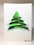 Original Hand Painted Christmas Card - Tree Collection - Green & Black Splatter - eDgE dEsiGn London