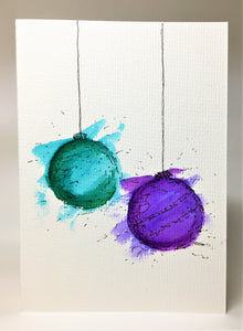 Original Hand Painted Christmas Card - Bauble Collection - Purple, Turquoise and Jade - eDgE dEsiGn London