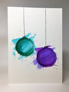 Original Hand Painted Christmas Card - Bauble Collection - Purple, Turquoise and Jade - eDgE dEsiGn London