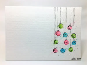 Original Hand Painted Christmas Card - Bauble Collection - Pink, Lime Green and Turquoise - eDgE dEsiGn London
