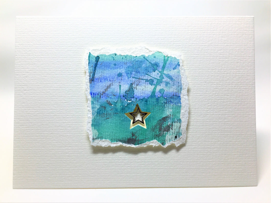 Original Handcrafted Christmas Card - Star Collection - Jade, Blue and Silver Abstract with Star - eDgE dEsiGn London