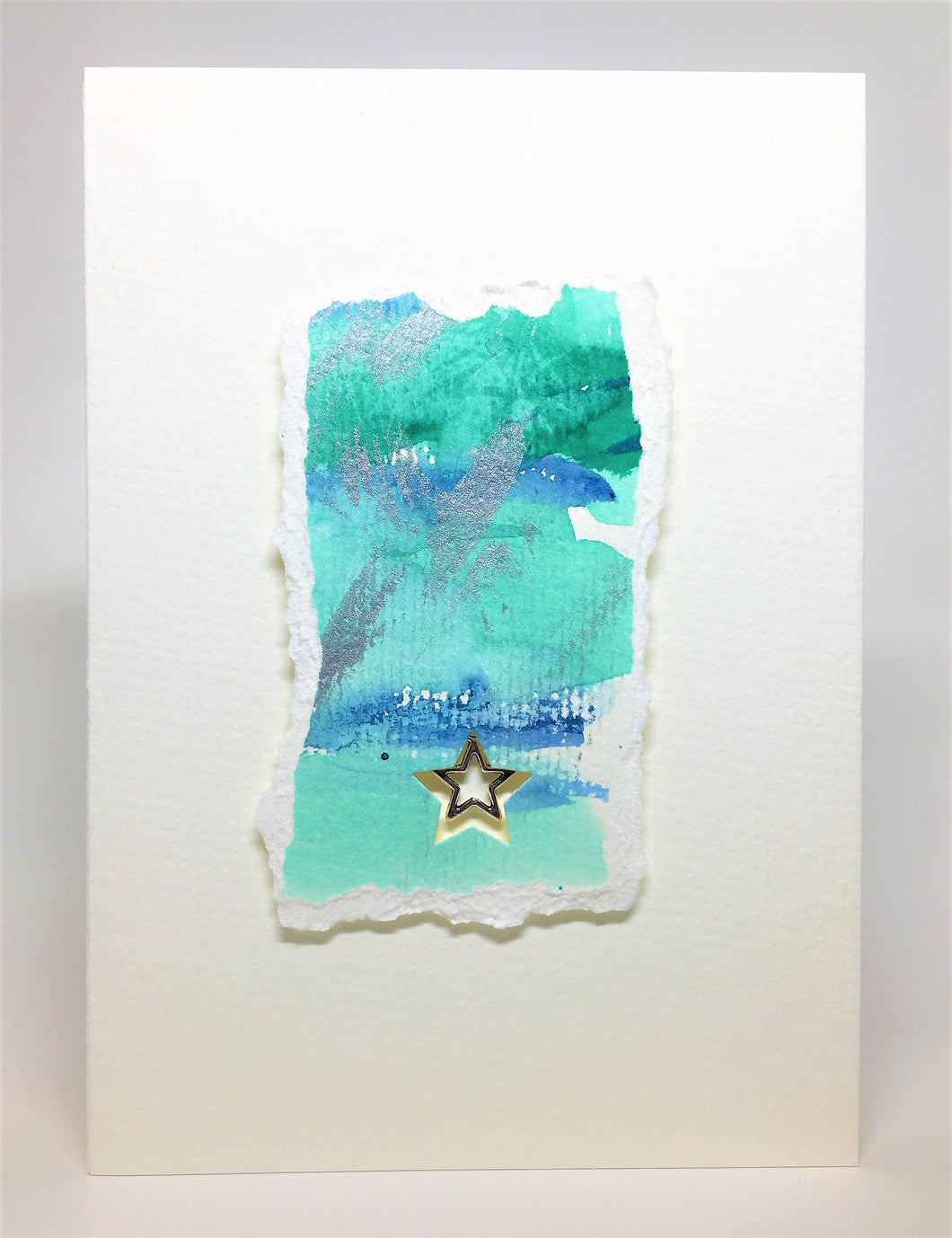 Original Handcrafted Christmas Card - Star Collection - Green, Jade, Blue, White and Silver Abstract with Star - eDgE dEsiGn London